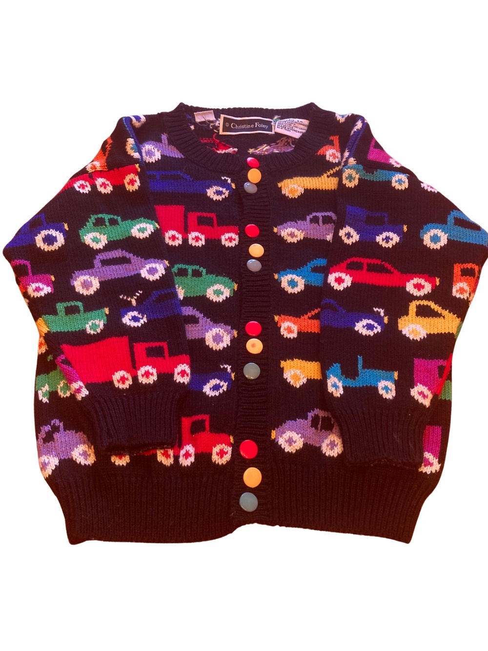 Vintage Christine Foley Kids Size M Black Knit Cardigan Multicolored Truck Motif